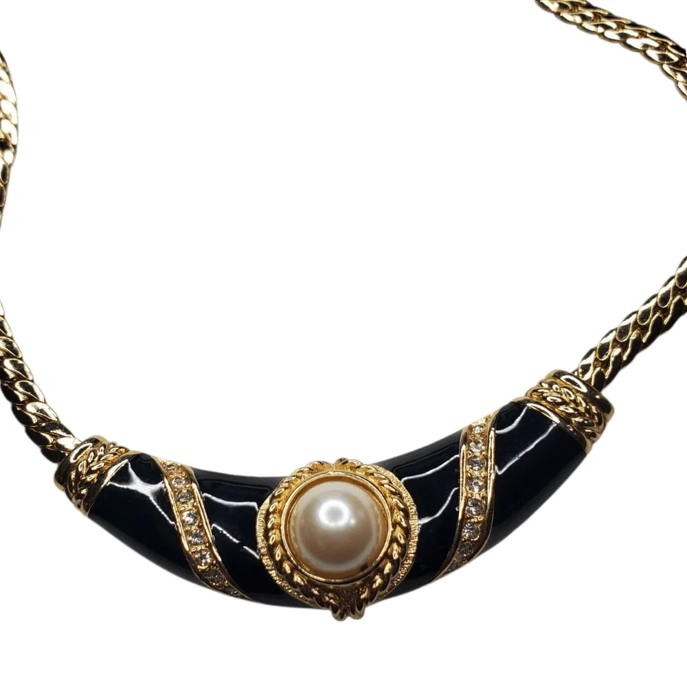 DIOR Vintage 1980's 18k Gold Plated Enamel Crystal Pearl Necklace